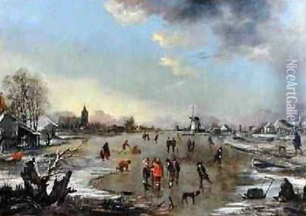 Winter Landscape at Sunset 1650-55 Oil Painting - Aert van der Neer