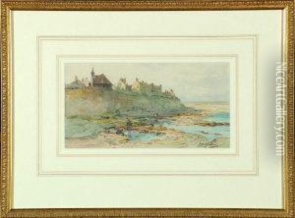Cullercoats Bay At Low Tide Oil Painting - Thomas Swift Hutton