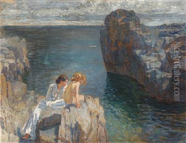 A Mother And Her Daughter Sitting In The Sun On The Rocks, Bornholm Oil Painting - Ferdinand Kruis