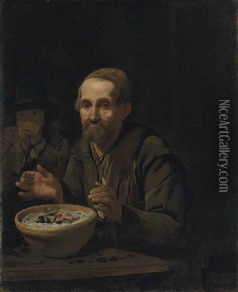 A Beggar Warming His Hands On A Pot Of Coal, With A Boy In An Interior Oil Painting - Michael Sweerts