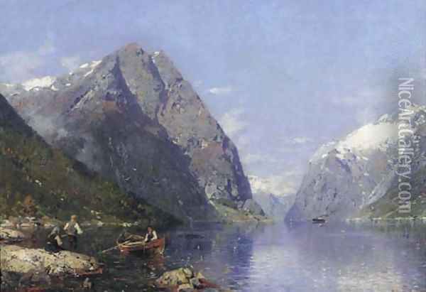 A Norwegian fjord in summer, with children fishing in the foreground Oil Painting - Georg Anton Rasmussen