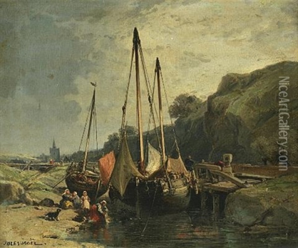 Ships Along The Pier With Family Frolicking Along The Riverbank Oil Painting - Jules Achille Noel