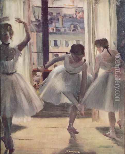 Three dancers in a exercise hall Oil Painting - Edgar Degas