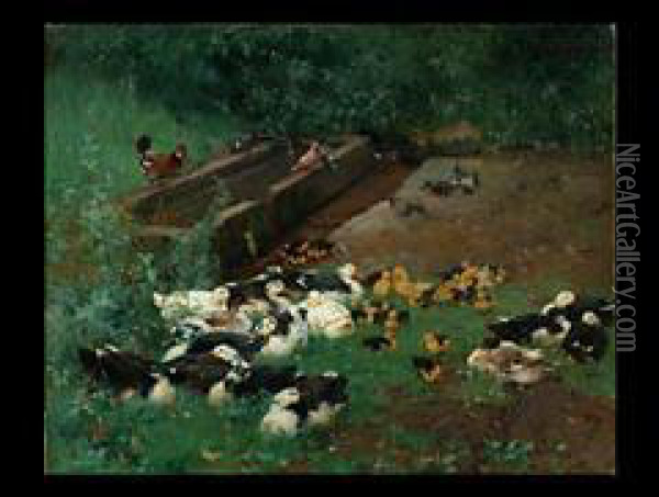 Entenfamilien Mit Kuken Oil Painting - Franz Grassel