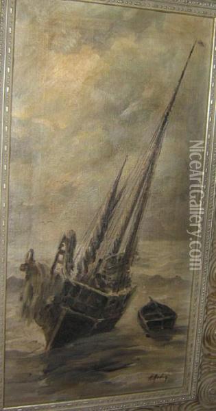 Gestrande Zeilboot. Oil Painting - Henri Arden