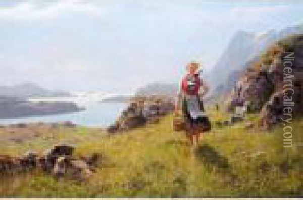 Seterjente (mountain Shepherdess) Oil Painting - Hans Dahl