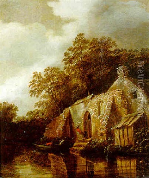 A River Landscape With A Peasant At A Cottage Door Oil Painting - Cornelis Gerritsz Decker