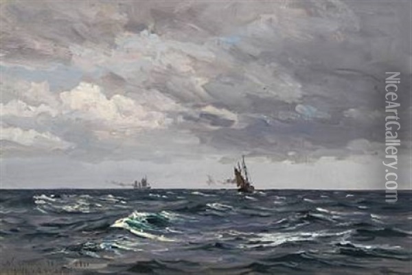 Marine With Ships At Sea Oil Painting - Vilhelm Karl Ferdinand Arnesen