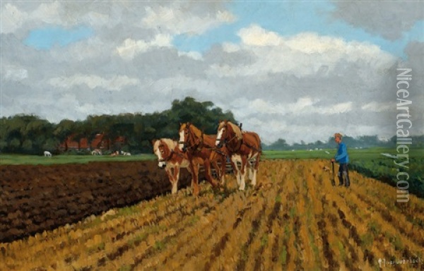 Cart With Horses And A Farmer On The Land Oil Painting - Gijsbertus Johannes Van Overbeek