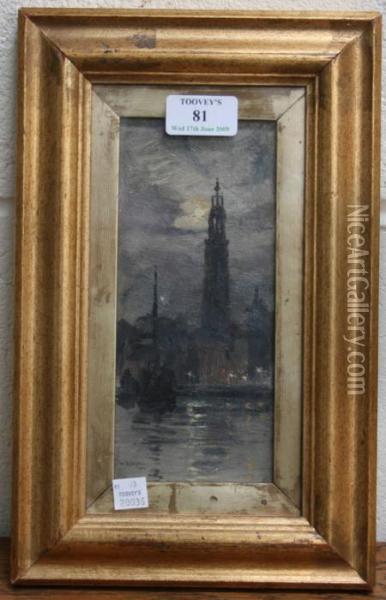 Nocturnal View Of The Church And Waterfront Oil Painting - William Lionel Wyllie