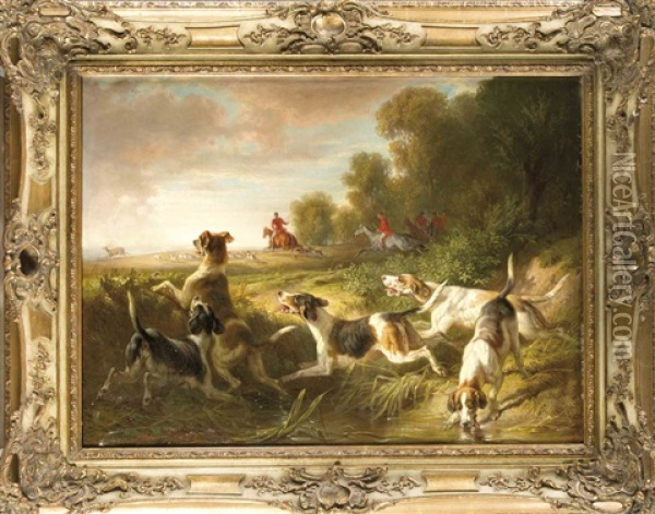 Hirschjagdszene, Von Jagern Zu Pferde Und Einer Hundemeute Verfolgter Hirsch Oil Painting - Benno Raffael Adam