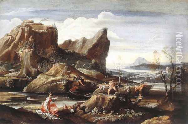 Landscape with Bathers c. 1616 Oil Painting - Antonio Carracci
