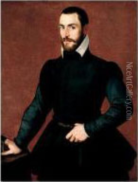 Portrait Of A Gentleman, 
Three-quarter Length, Standing, Wearing Black, Holding A Glove In His 
Right Hand And Resting On A Table Oil Painting - Bartolomeo Passarotti