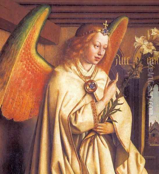 The Ghent Altarpiece Angel of the Annunciation (detail) Oil Painting - Jan Van Eyck