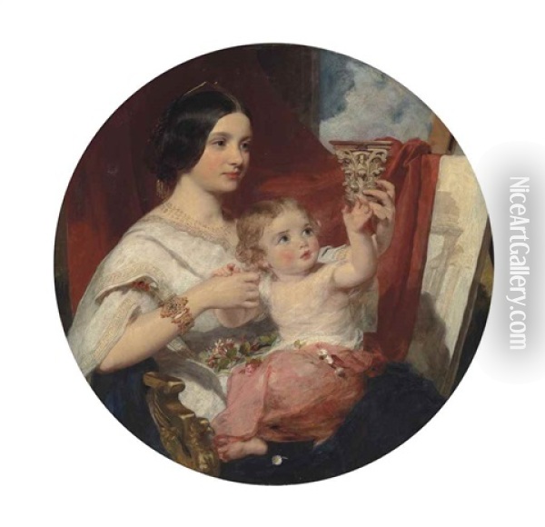 Portrait Of A Mother And Child, Seated Half-length And Full-length, The Child Holding A Small Corinthian Capital Before An Architectural Capriccio On An Easel, In A Painted Circle Oil Painting - Richard Buckner