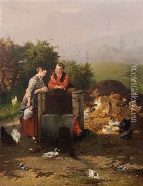 Couple De Bergers Amoureux Pres Du Puits Au Poulailler Oil Painting - Jan David Col