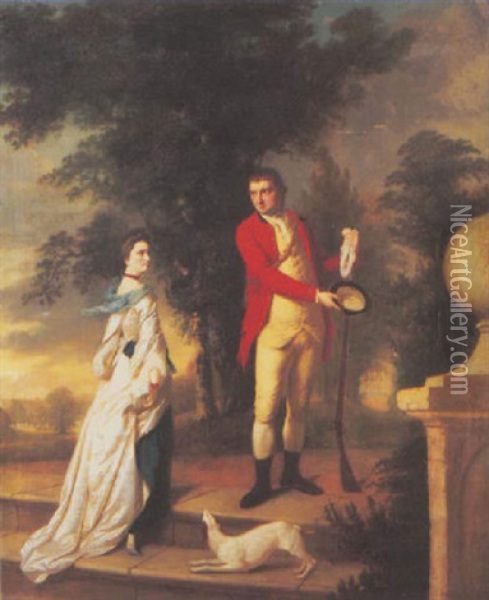 Portrait Of A Lady And A Gentleman In A White Dress With A Blue Scarf And Skirt, And In Scarlet Hunt Coat, Respectively, A Landscape Beyond Oil Painting - William Tate