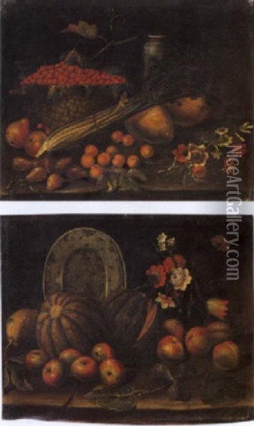 Natura Morta Con Frutta, Ortaggi, Fiori E Vasellame Oil Painting - Tommaso Salini