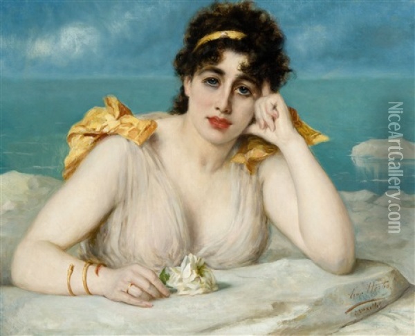 Woman With White Rose In Front Of The Sea Oil Painting - Leon Herbo