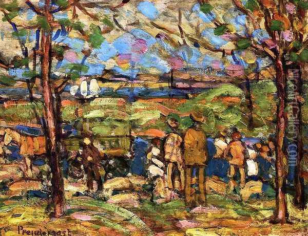Squanton Aka Men In Park With A Wagon Squanton Oil Painting - Maurice Brazil Prendergast