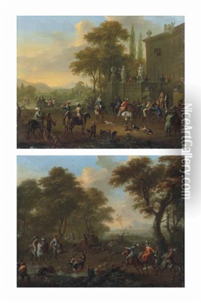 An Elegant Party At A Country House, Preparing To Set Out For The Hunt; And An Elegant Hunting Party Capturing A Stag And Boar Oil Painting - Franz de Paula Ferg