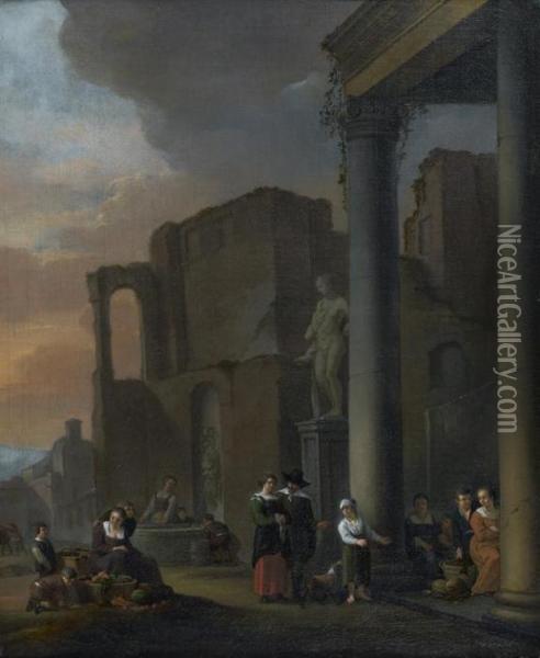 Scene De Marche Dans Des Ruines Antiques Oil Painting - Thomas Wyck