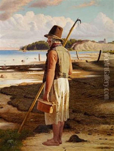 An Old Fisherman On The Beach, Limfjorden In Jutland Oil Painting - Christen Dalsgaard