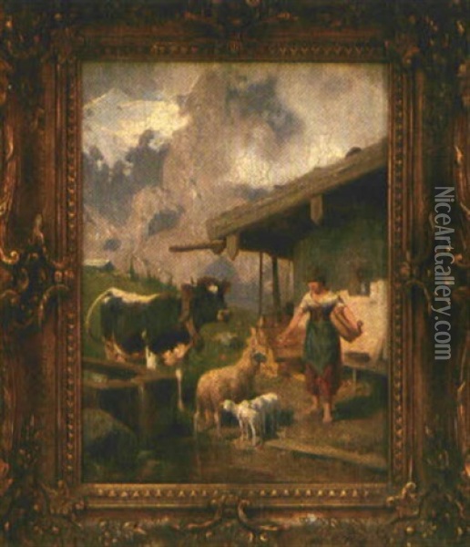 Sennerin Mit Vieh Vor Der Almhutte Am Brunnentrog Oil Painting - Adolf Ernst Meissner