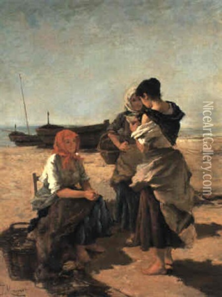 Awaiting The Catch Oil Painting - Francisco Miralles y Galup