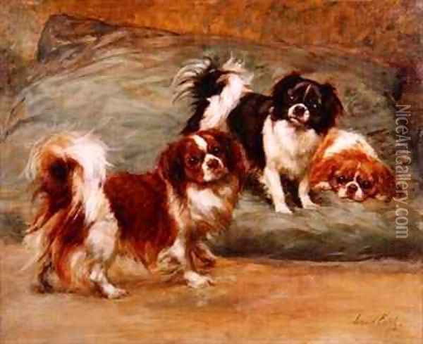 Three King Charles Spaniels on a Cushion Oil Painting - Maud Earl