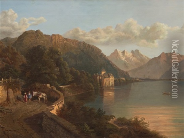 Lake Geneva And Chillon Castle Oil Painting - Theodor Blaetterbauer
