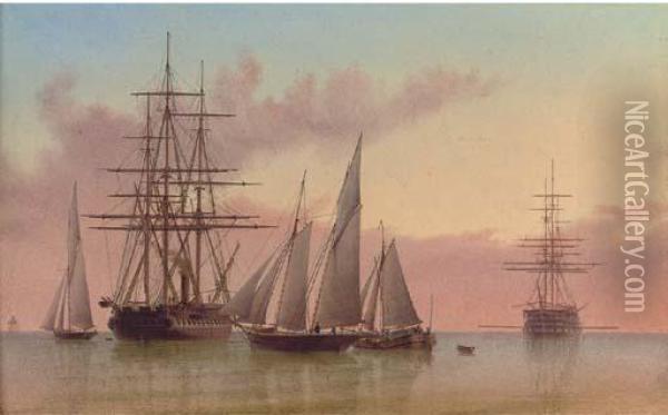Warships And Other Vessels In A Calm Oil Painting - William Frederick Settle