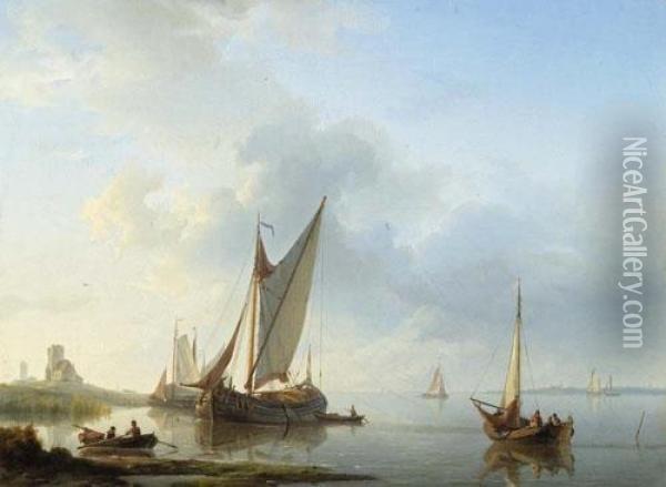 Segelschiffe In Einer Bucht. 1840. Oil Painting - Hermanus Koekkoek