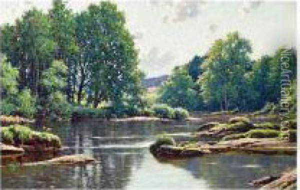 River Landscape, Signed And Dated 1906, Oil On Canvas, 30 X 46 Cm.; 11 3/4 X 18 In Oil Painting - Reginald Aspinwall