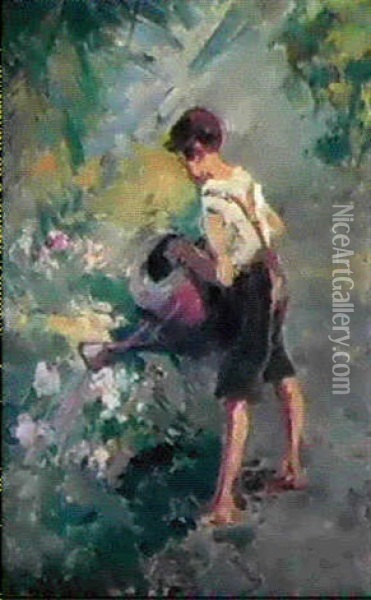 Watering The Garden Oil Painting - Paolo Sala