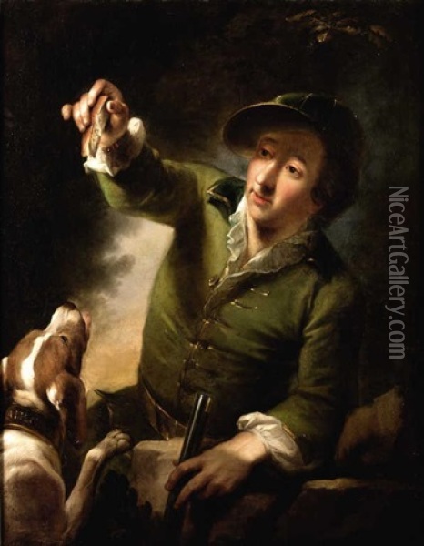 Portrait De Chasseur Avec Son Chien Oil Painting - Bernhard (Christian Bernhard) Rode