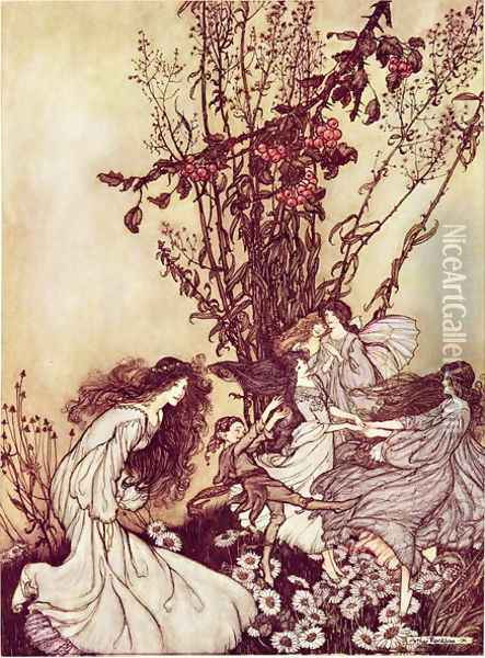 Dancing with the Fairies from Peter Pan in Kensington Gardens by J.M. Barrie, 1906 34 Peter Pan in Kensington Gardens by J.M. Barrie Dancing with the Fairies, 1906 Oil Painting - Arthur Rackham