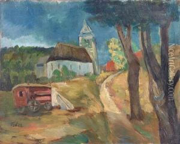 Village Landscape With Carriage Oil Painting - Adolphe Feder