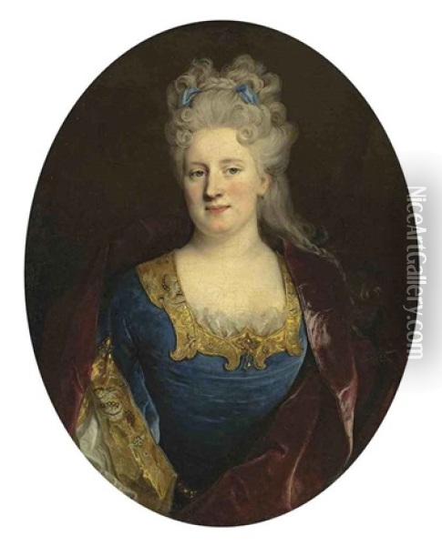 Portrait Of Madeleine Le Roux, Wife Of Manzeray De Courvaudon, In A Blue Dress With Gold Trim, Ribbons In Her Hair Oil Painting - Nicolas de Largilliere