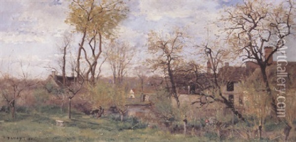 Wooded Landscape With A Figure At A Stream Before Cottages Oil Painting - Pierre Emmanuel Eugene Damoye