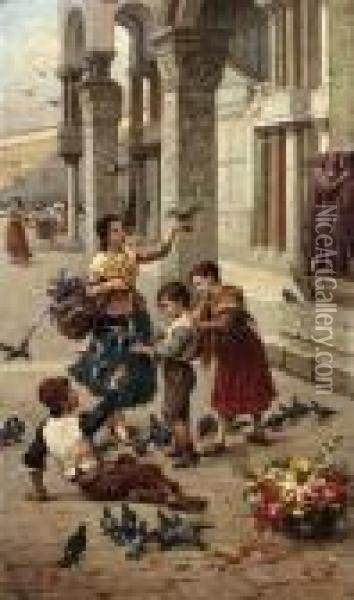 Feeding The Pigeons In The Piazza San Marco Oil Painting - Antonio Paoletti