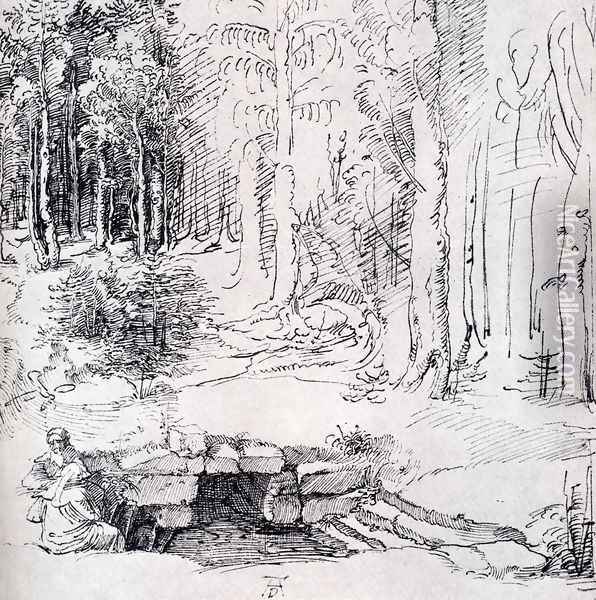 Forest Glade With A Walled Fountain By Which Two Men Are Sitting (or St. Anthony And St. Paul, Identified By The Flying Raven) Oil Painting - Albrecht Durer