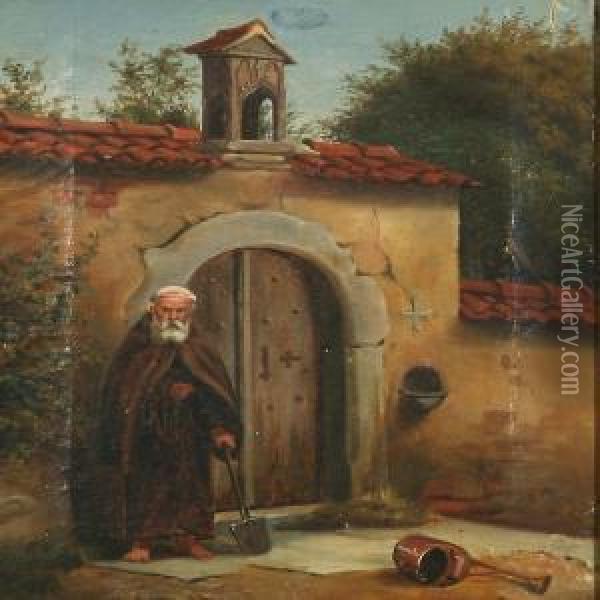 A Monk At A Port Insouthern Europe Oil Painting - Christian Andreas Schleisner