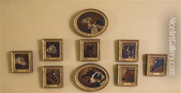 Portraits Of Terriers, Hounds And Horse Heads: Nine Paintings Oil Painting - Alfred Wheeler