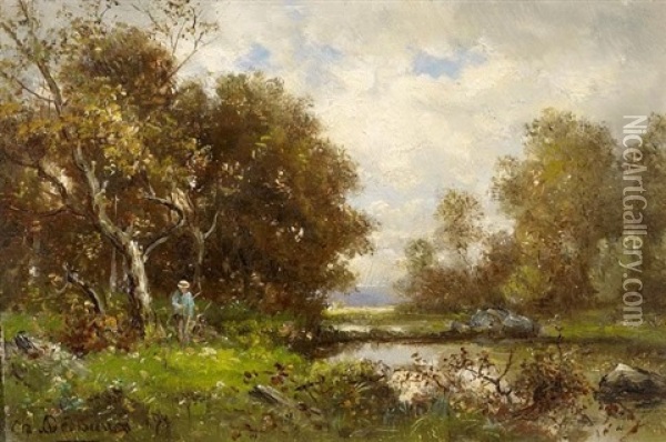 Angler Am Bewaldeten Teich Oil Painting - Charles Felix Edouard Deshayes
