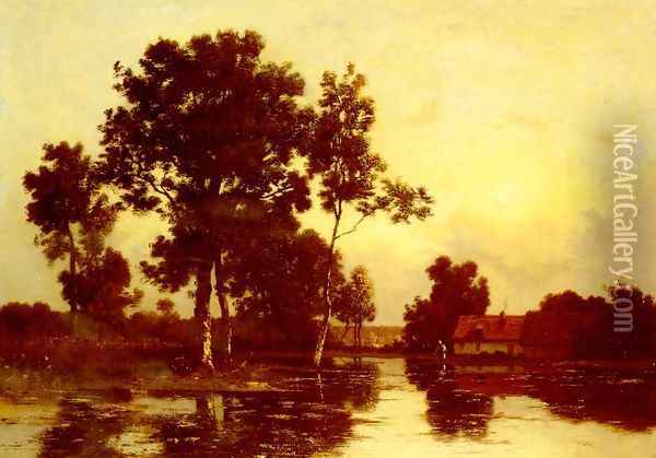 Paysage De Riviere Au Crepuscule (River at Twilight) Oil Painting - Leon Richet