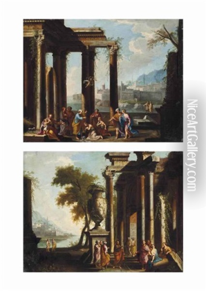 A Capriccio Of Classical Ruins With Saint Peter Preaching (+ A Capriccio Of Classical Ruins With Saint Paul Preaching; Pair) Oil Painting - Niccolo Codazzi