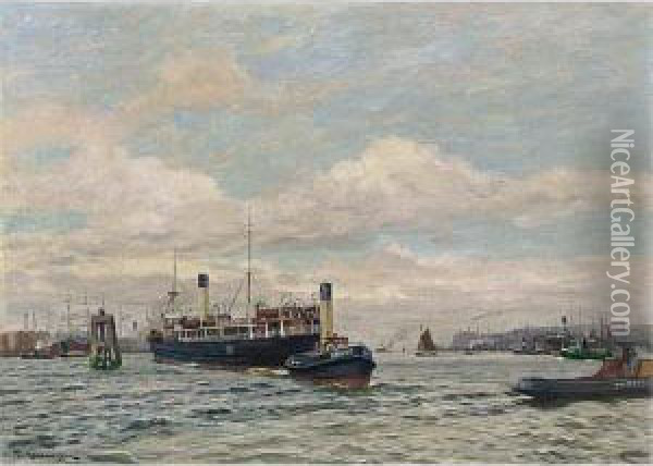 'dampfer Mit Schlepper' (the Harbour Of Hamburg) Oil Painting - Friedrich Kallmorgen