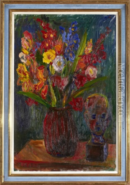 Blommor - Stilleben Med Blommor I Vas Samt Byst Oil Painting - Ivan Ivarson