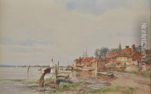 A Sussex Coastal Village, Signed And Dated 1903, Watercolour Oil Painting - Wilfred Williams Ball